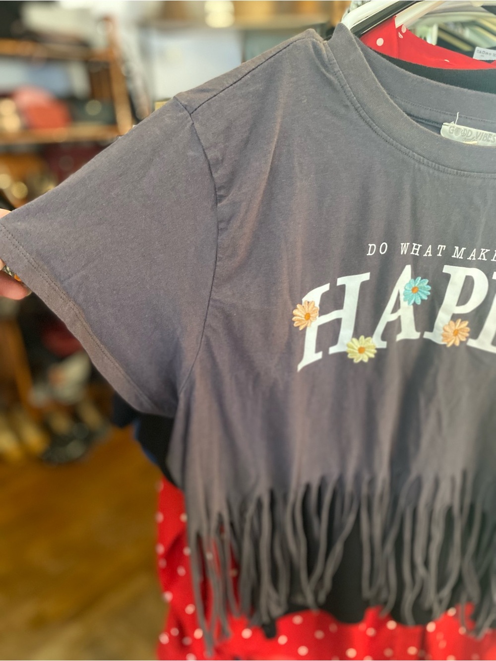 Women's Gray 'Happy' Fringe Crop Top with Daisy Graphic - Picture 5 of 6